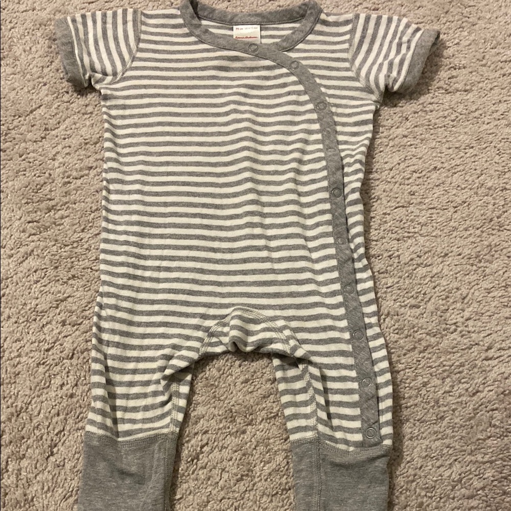 Hanna Andersson. 6-12 months. Gray and white stripped romper.